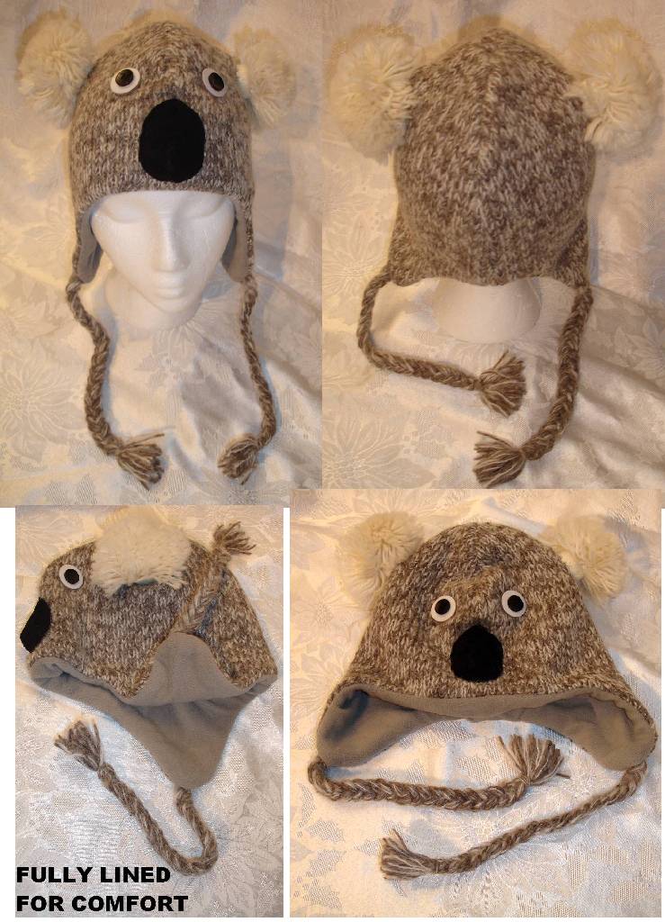 KOALA HAT knit LINED costume ADULT gray grey bear unisex delux MITTENS separa...