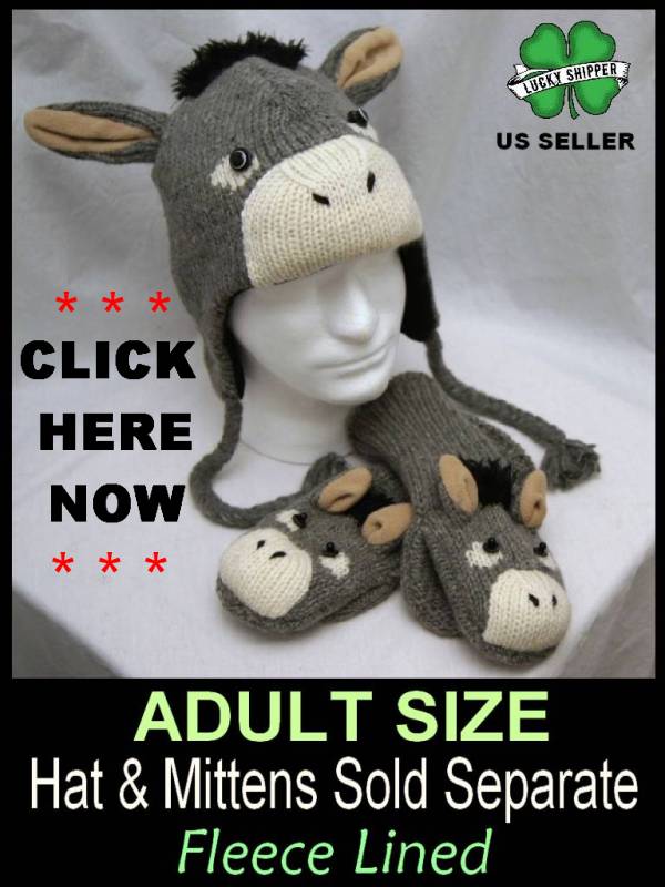 Adult Donkey Hat Mule Animal Ski Cap Costume Knit Eeyore Lined Mens Womens Toque